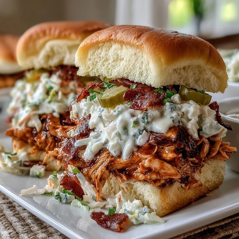 Savory Mississippi chicken, slow-cooked to perfection, piled high on buns and finished with creamy coleslaw for a satisfying bite.