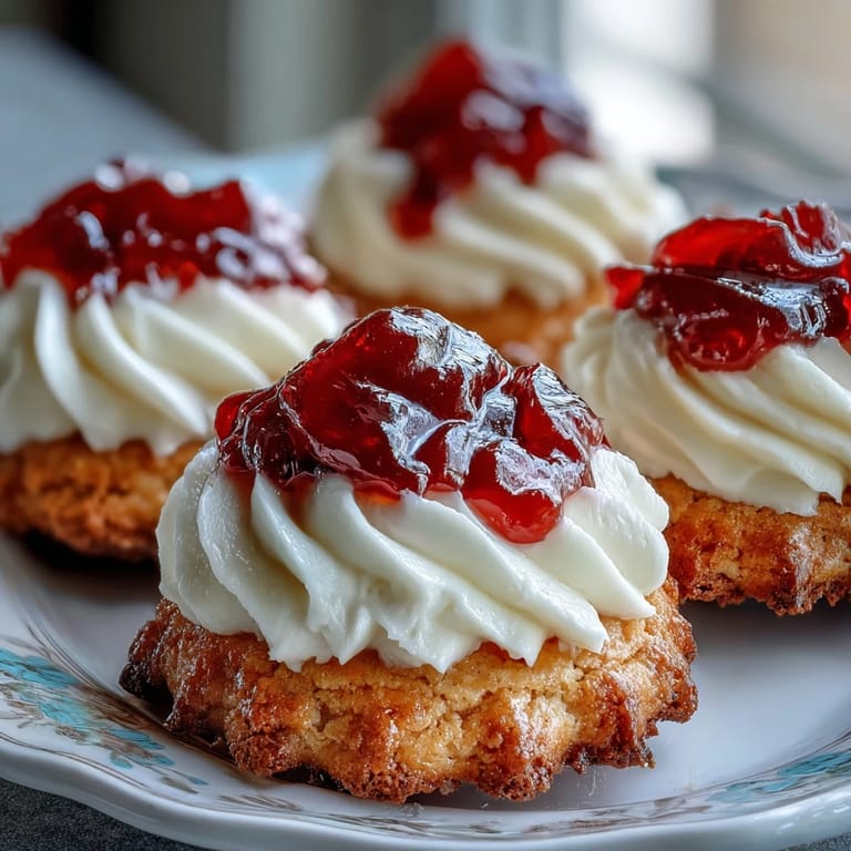 Buttery thumbprint cookies filled with rich clotted cream and sweet strawberry jam, a delightful British teatime treat.