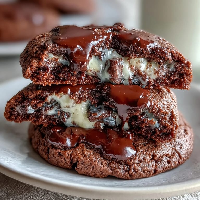 A stack of dark chocolate cookies showing off the melted white chocolate chips and chunks of dark chocolate.