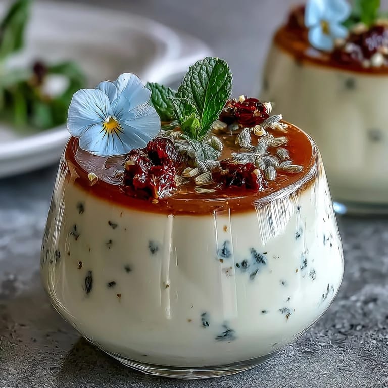 Delicate lavender-honey panna cotta with smooth texture, topped with edible flowers and a light honey glaze.