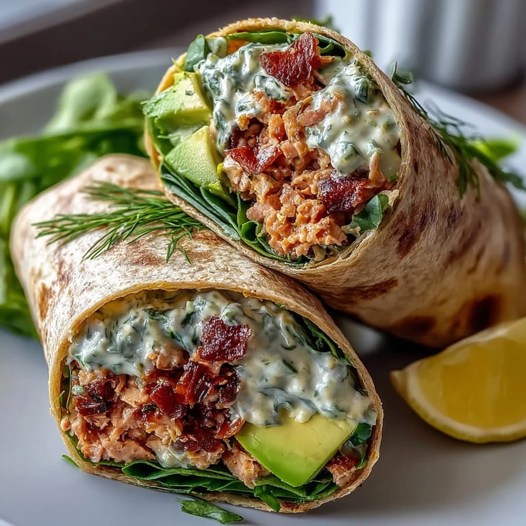 Fresh, protein-packed Healthy Easy 5-Ingredient Avocado Tuna Wraps, sliced in half and ready for a quick, nutritious lunch or dinner.