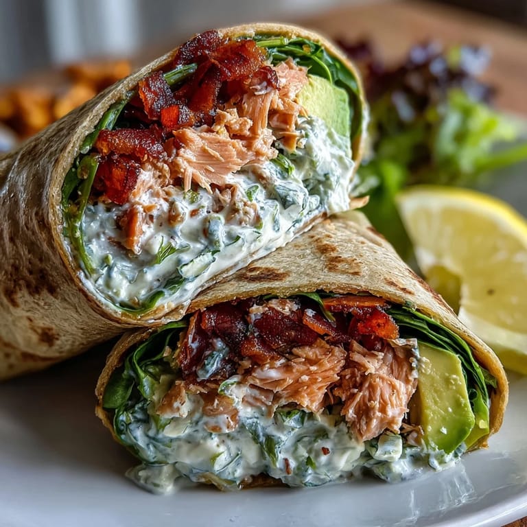 Close-up of Healthy Easy 5-Ingredient Avocado Tuna Wraps, showcasing the green avocado and flaky tuna filling wrapped in soft tortillas.