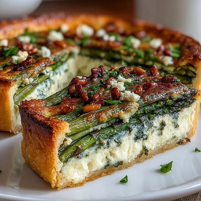 Vibrant Spring Asparagus Tart with Puff Pastry, featuring crisp-tender asparagus spears nestled in a creamy cheese layer atop golden, buttery pastry—ideal for springtime gatherings.