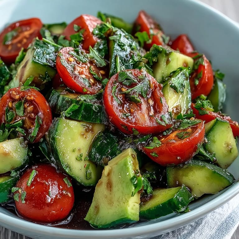 Crisp cucumber, juicy tomato, and creamy avocado salad tossed with tangy lemon dressing for a healthy dish.