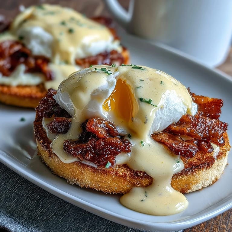 Golden poached eggs and crisp Canadian bacon rest on buttered English muffins, finished with a silky hollandaise sauce for the ultimate brunch indulgence.