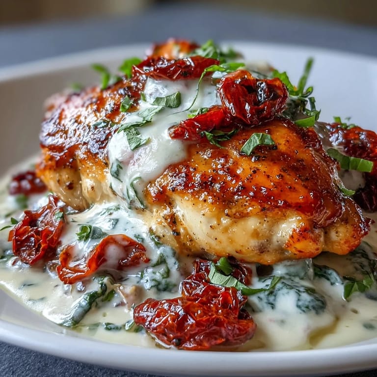 Restaurant-style Creamy Tuscan Chicken featuring golden-seared chicken in a velvety cream sauce with sun-dried tomatoes.