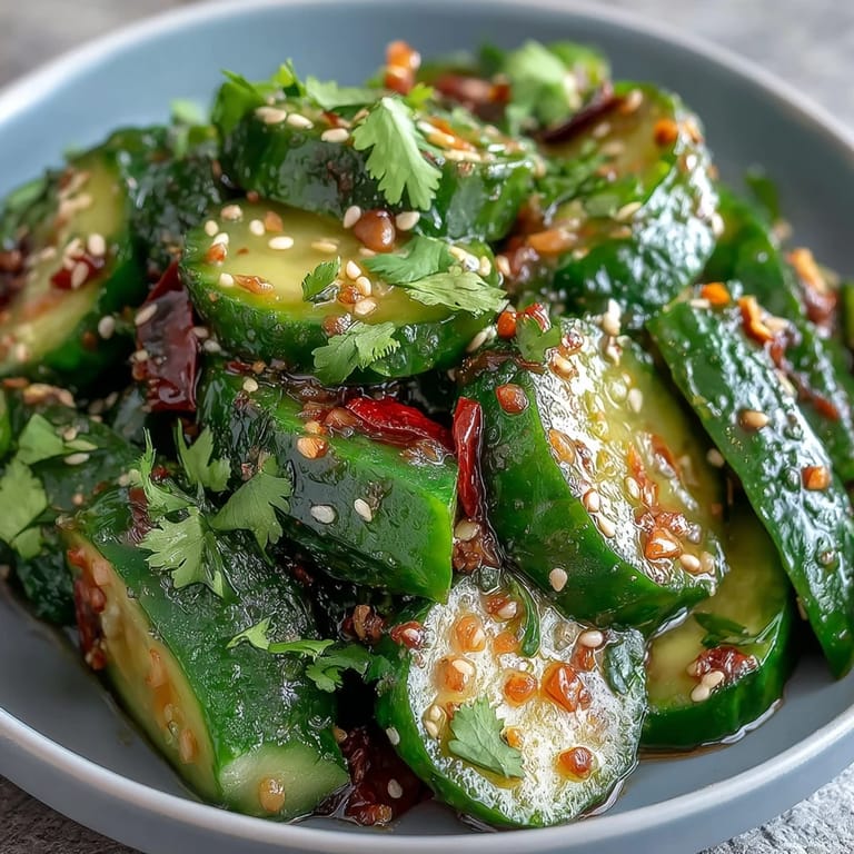 Vibrant cucumber salad with a garlicky chili oil drizzle, scallions, and sesame seeds, offering a crunchy, tangy Asian-inspired flavor.  
