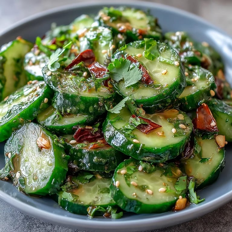 Chilled smashed cucumber salad bursting with spicy, garlicky chili oil and fresh herbs, ideal for a gluten-free appetizer or light meal.