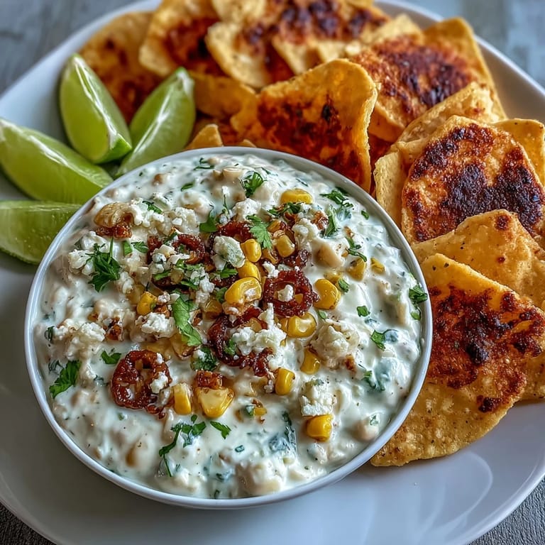 Vibrant elote dip with sweet charred corn, tangy lime, and fresh cilantro, served alongside golden tortilla chips for dipping.