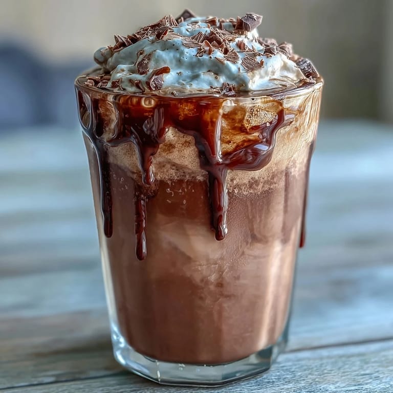 A close up of a Chocolate Cream Cold Brew showing the layered effect of dark coffee and light brown cream.