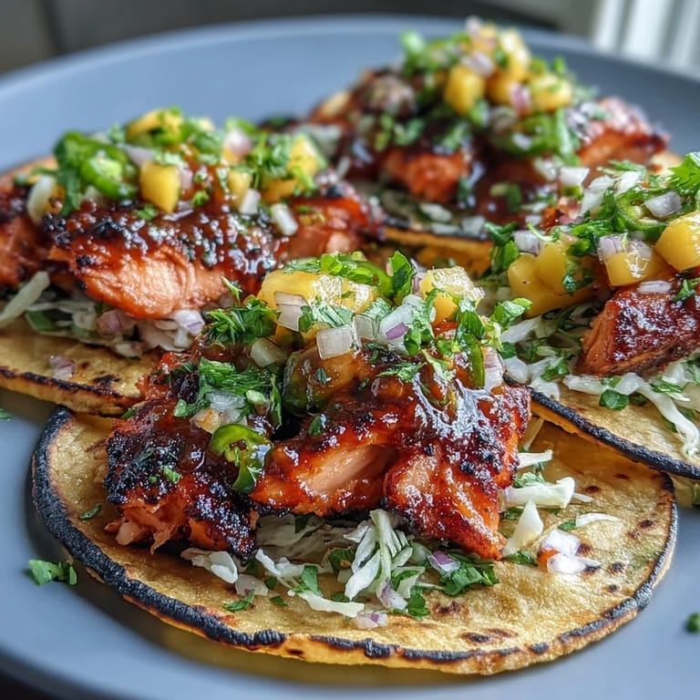 Vibrant grilled salmon tacos loaded with zesty mango salsa, perfect for a light and refreshing summer meal.  