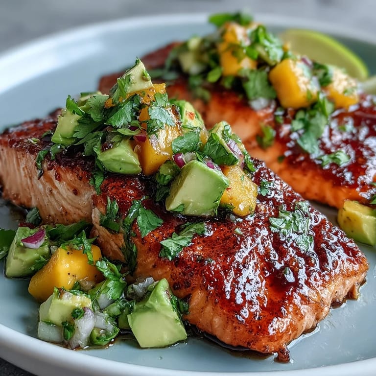 Juicy baked salmon paired with zesty mango avocado salsa, bursting with tropical flavors and color.  