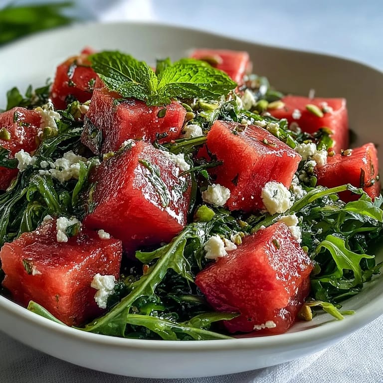 Refreshing summer salad featuring ripe watermelon, peppery arugula, crunchy cucumber, and tangy lime vinaigrette.  