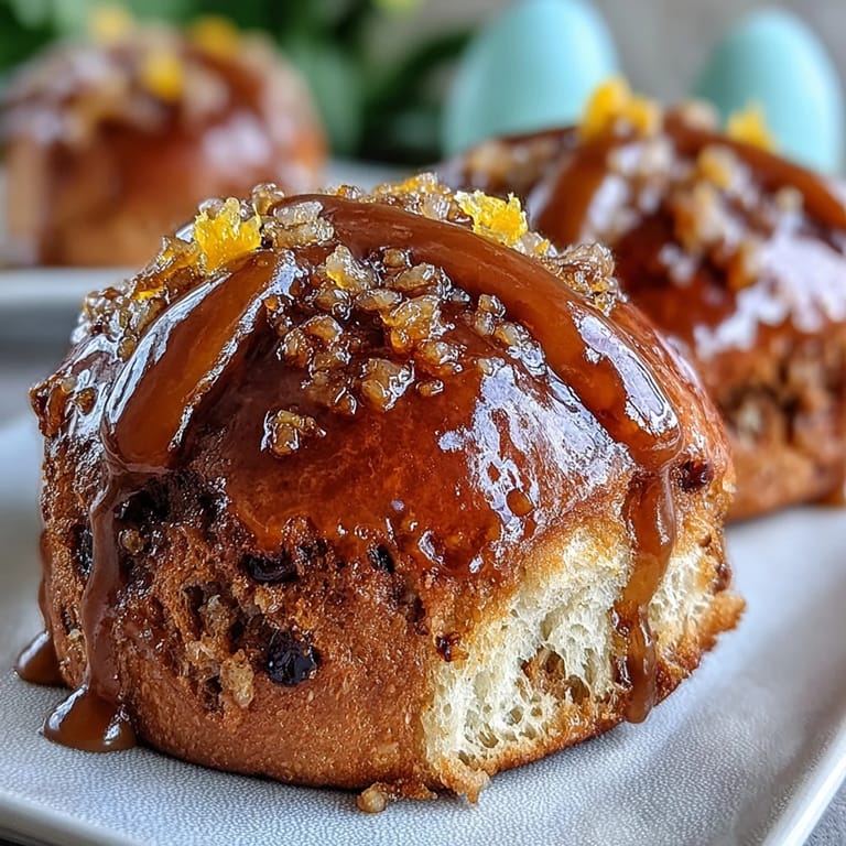 Warm, freshly baked hot cross buns brushed generously with sweet orange icing.