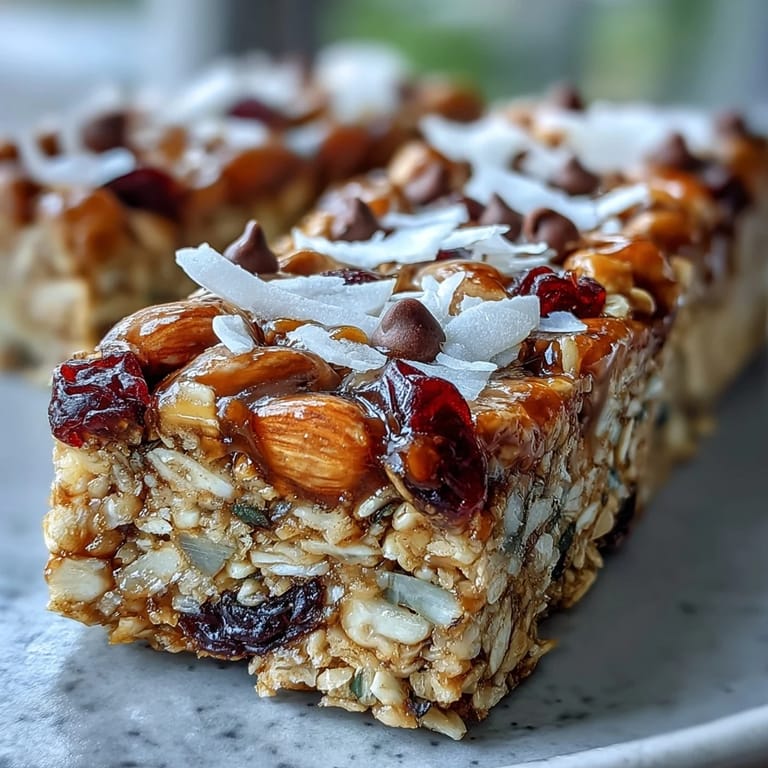 Golden baked granola bars featuring honey and oats, studded with sunflower seeds and cranberries for a sweet, nutty flavor.