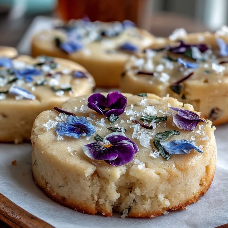 Close-up of golden floral shortbread cookies, showcasing pressed edible flowers and crisp edges.