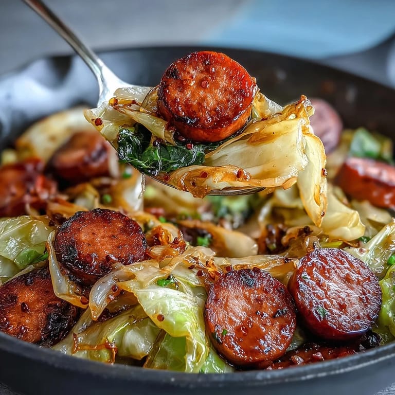 Rustic Cabbage and Sausage Skillet, tender cabbage and sausage glistening with mustard.