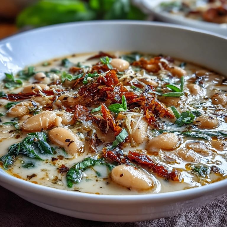 Comforting Tuscan white bean soup featuring bright sun-dried tomatoes and tender greens.