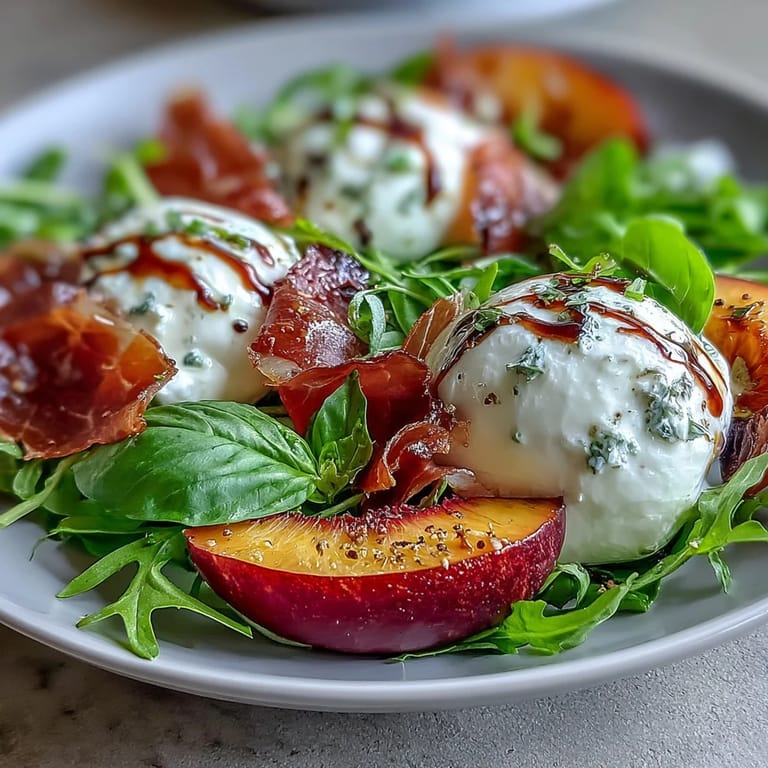 Creamy burrata and sweet peaches paired with salty prosciutto, fresh basil, and balsamic drizzle on mixed greens.