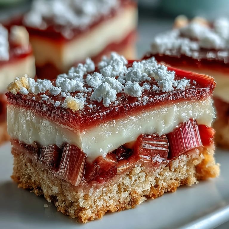 Buttery shortbread base layered with sweet-tart rhubarb and smooth custard, these rhubarb bars are perfect for spring gatherings.