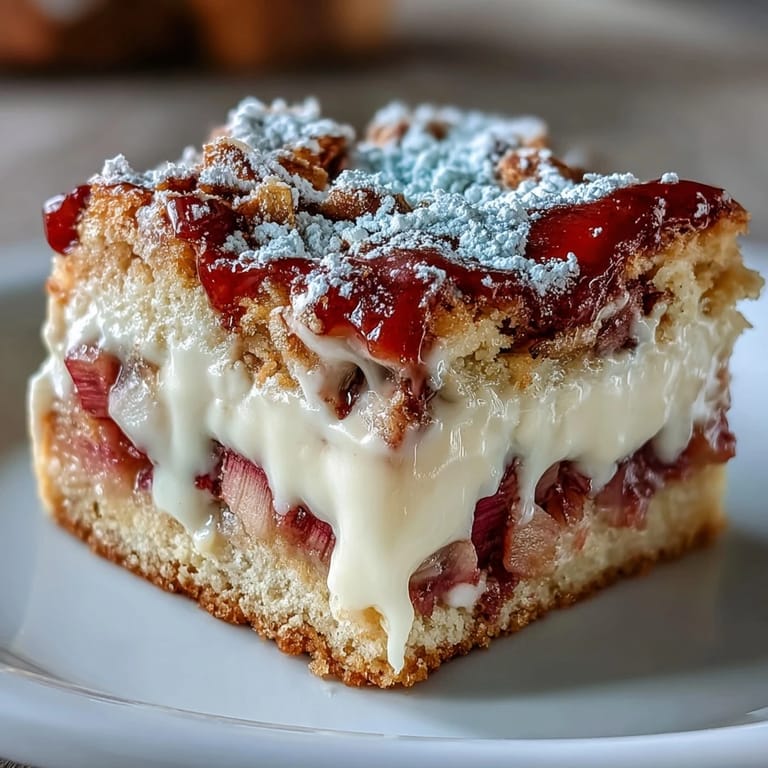 Golden baked rhubarb custard bars with silky custard and fresh rhubarb, dusted with powdered sugar for a classic dessert.  