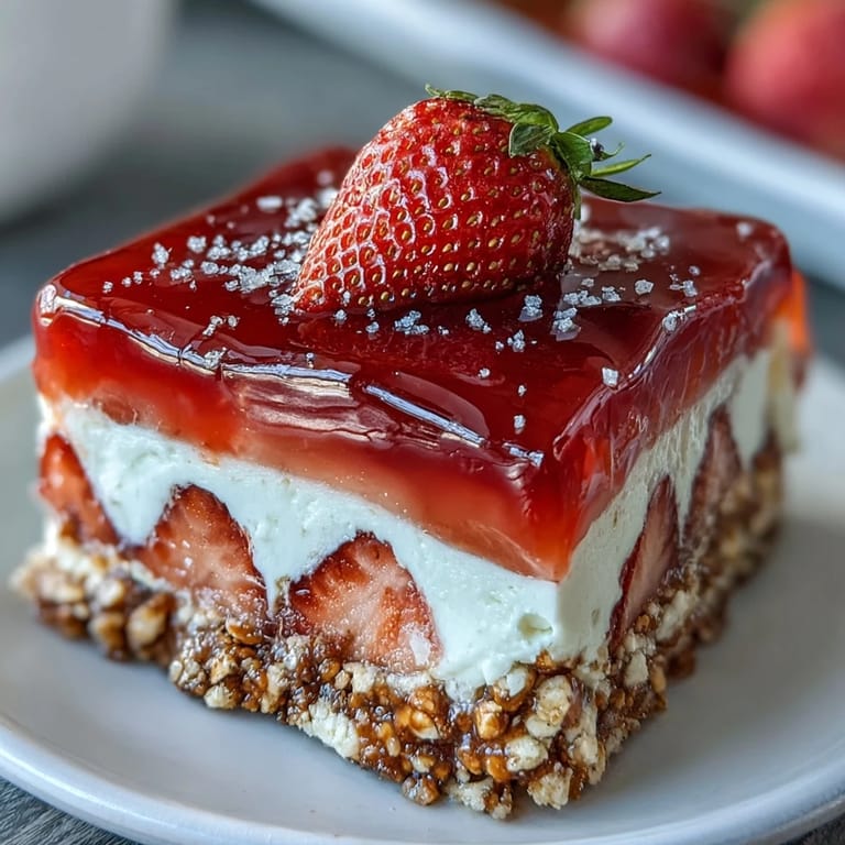 Festive strawberry pretzel salad featuring a crunchy pretzel base, smooth cream cheese filling, and vibrant strawberry gelatin layer, perfect for summer celebrations.