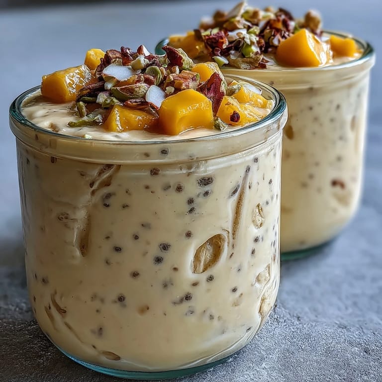 Enjoy vibrant, sweet Mango Lassi Overnight Oats swirling with cardamom and yogurt.