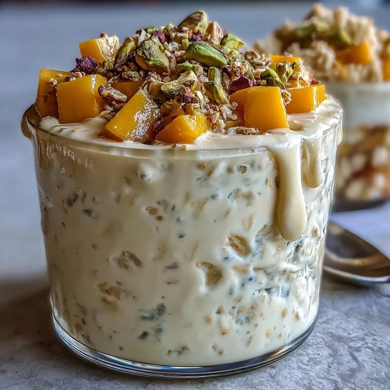 Deliciously chilled Mango Lassi Overnight Oats perfect for a tropical morning treat.
