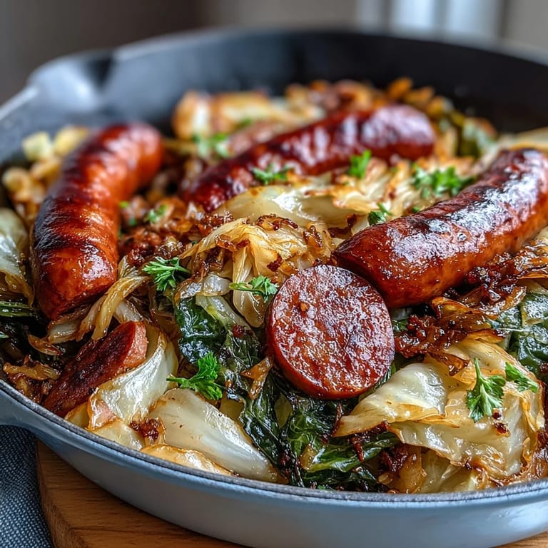 Easy Cabbage and Sausage Skillet, a warm, comforting dish topped with fresh parsley.