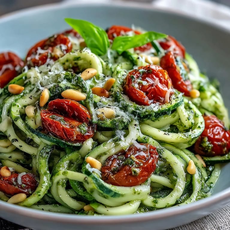 Colorful Zucchini Noodles with Raw Pesto, tossed with basil, pine nuts, and juicy tomatoes.
