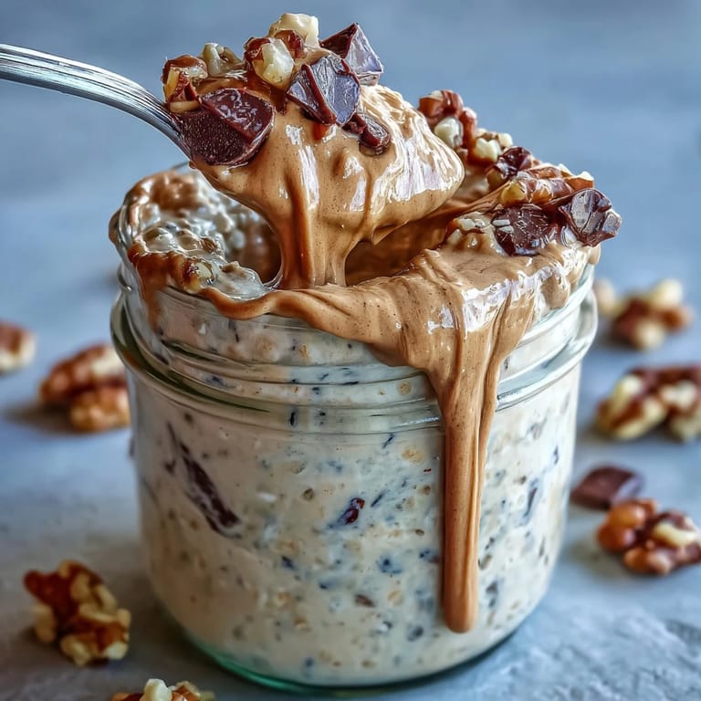 Healthy, thick Protein Cookie Dough Overnight Oats jar topped with chocolate chips.