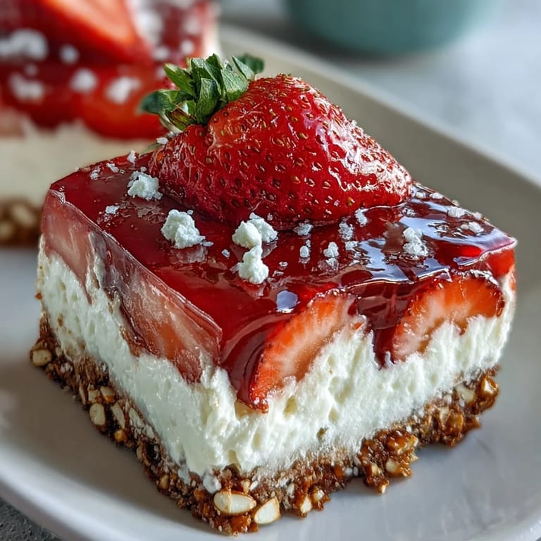 Cheesecake and fruit create a delightful strawberry pretzel salad dessert square.
