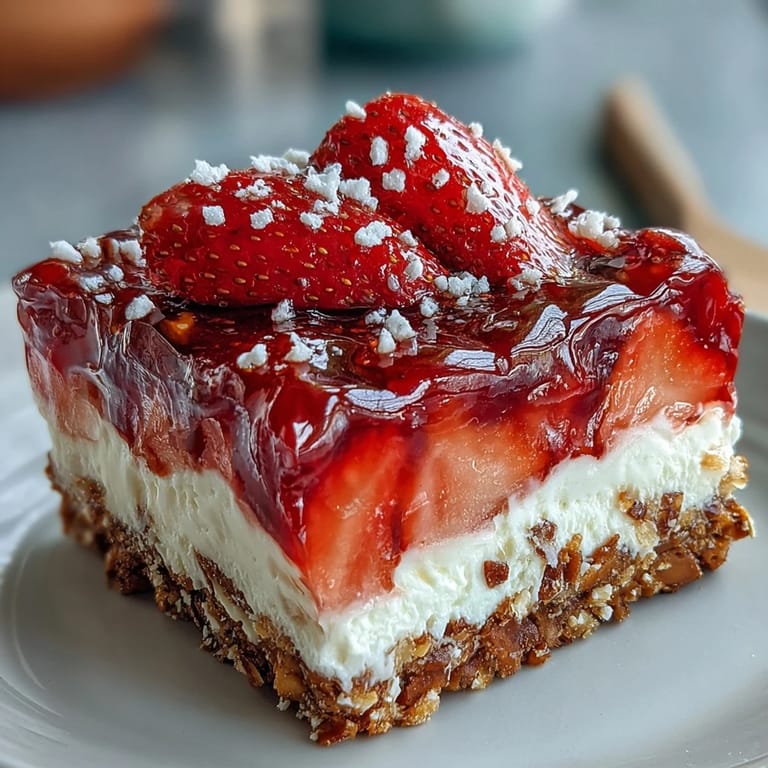 Layered strawberry pretzel salad bars invite a sweet, tangy, crunchy indulgence.