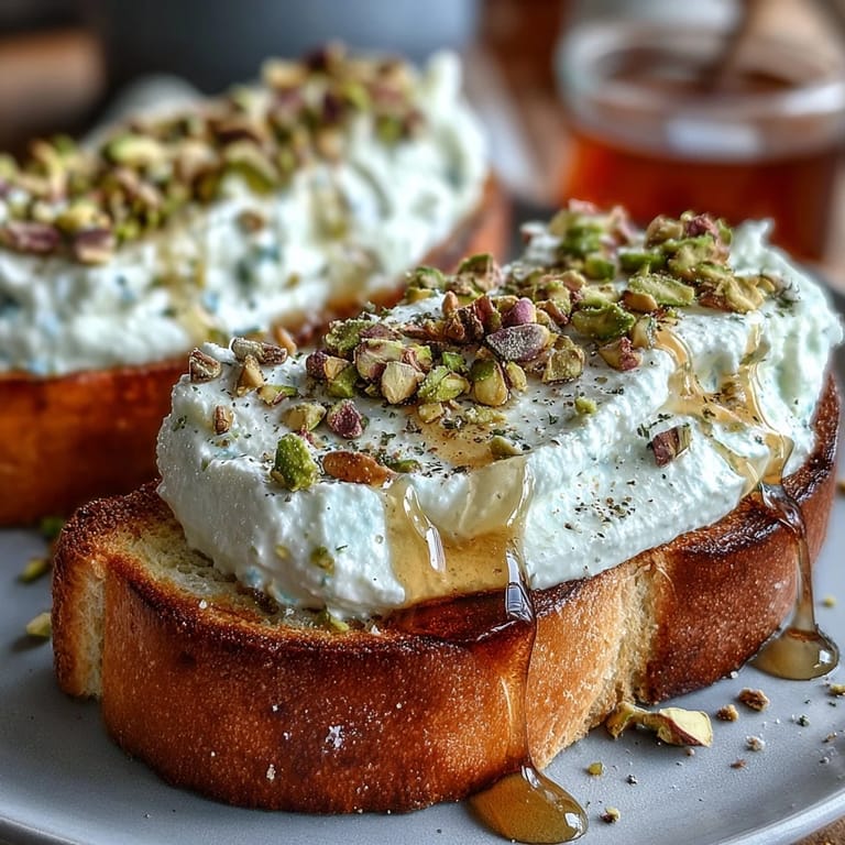 Golden toasted bread topped with fluffy ricotta, drizzled honey, and crunchy pistachios.