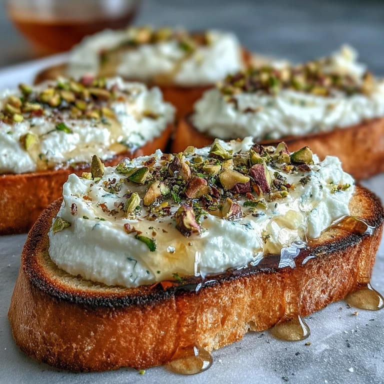 Elegant whipped ricotta toast with honey, pistachios, and a hint of lemon zest.
