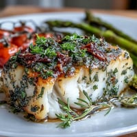 Aromatic lemon and herb baked cod with roasted asparagus and cherry tomatoes, creating a vibrant, healthy sheet pan dinner.  