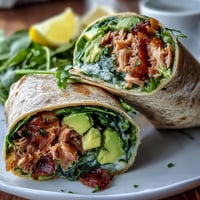 A vibrant plate of Healthy Easy 5-Ingredient Avocado Tuna Wraps, filled with creamy avocado, spinach, and tuna in whole wheat tortillas.