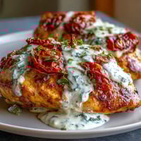 Creamy Tuscan Chicken with Sun-Dried Tomatoes in a rich, savory sauce with wilted spinach and fresh basil.