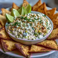 Creamy elote dip with charred corn, cotija cheese, and lime served with crispy tortilla chips for a zesty appetizer.