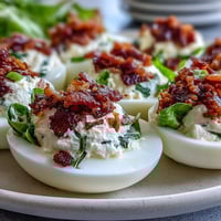 Creamy BLT deviled eggs topped with crispy bacon crumbles and fresh lettuce for a savory appetizer.