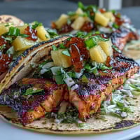 Grilled salmon tacos with mango salsa, topped with crunchy cabbage and fresh cilantro, served on warm tortillas.  