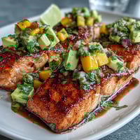 Baked salmon fillet topped with fresh mango avocado salsa, perfect for a healthy summer dinner.  