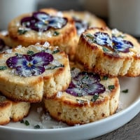 Delicate floral shortbread cookies, beautifully decorated with colorful edible flowers for springtime.