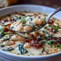 Hearty Tuscan white bean soup, creamy with spinach, served warm in a rustic bowl.