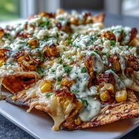 Cinco de Mayo Elote Nachos with Chipotle Crema, loaded with charred corn, melted cheeses, and a smoky drizzle, perfect for festive gatherings.