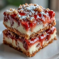 Rhubarb custard bars with buttery shortbread crust, topped with tangy rhubarb and creamy custard filling.  