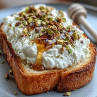 Whipped ricotta toast with honey and pistachios, creamy and sweet, ready to eat.